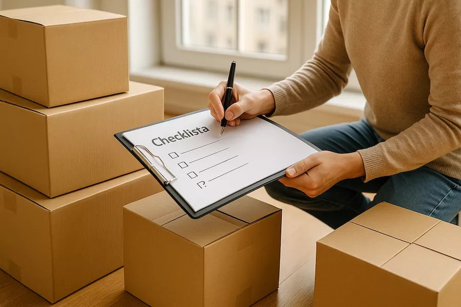 Person som organiserar flyttlådor och checklista inför flyttdagen